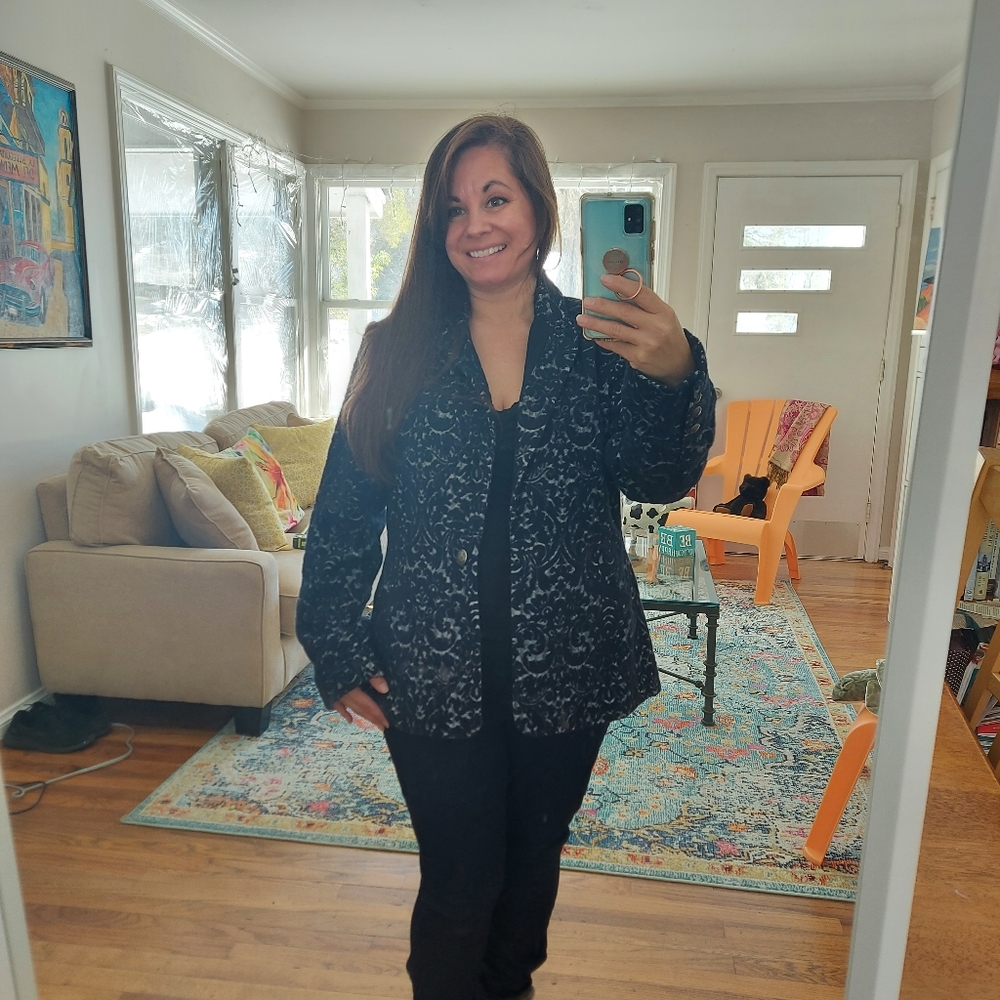 12 Cabi Wool Blend Blue Scroll Style Lined Jacket Blazer